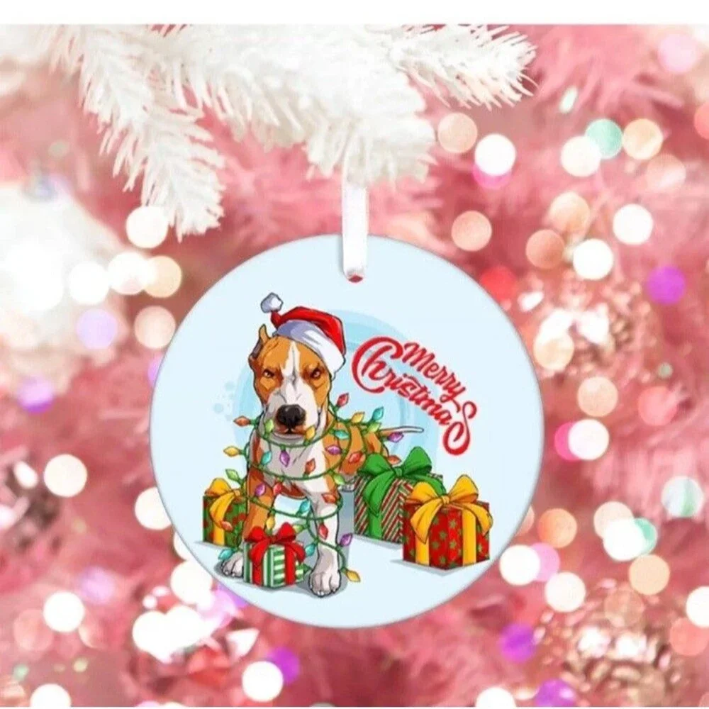 Pit Bull Dog Lover Santa Hat Picture on Ceramic Ornament Christmas Ornament